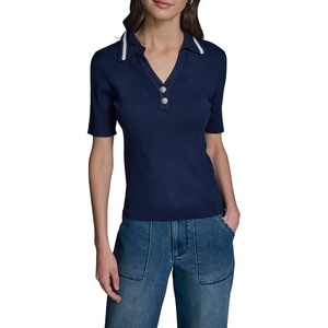 image:imageKarl Lagerfeld Womens Short Sleeve VNeck Crochet Collar SweaterNaval AcademySoft White