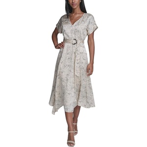 image:imageKarl Lagerfeld Womens Short Sleeve VNeck Hanky Hem Belted Satin Midi DressBisqueBlack