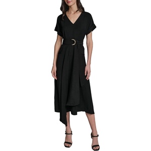 image:imageKarl Lagerfeld Womens Short Sleeve VNeck Hanky Hem Belted Satin Midi DressBlack