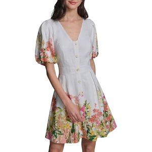 image:imageKarl Lagerfeld Womens Short Sleeve VNeck Linen Fit amp Flare Flower Button DressSoft White Multi