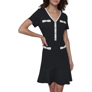 image:imageKarl Lagerfeld Womens Short Sleeve VNeck Pearl Button Bow Detail Aline Mini DressBlack Soft White