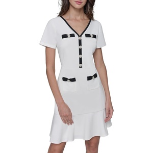 image:imageKarl Lagerfeld Womens Short Sleeve VNeck Pearl Button Bow Detail Aline Mini DressSoft White Black