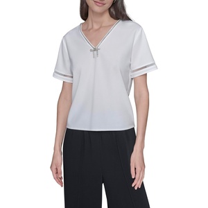 image:imageKarl Lagerfeld Womens Short Sleeve VNeck with Crystal Bow TopSoft White