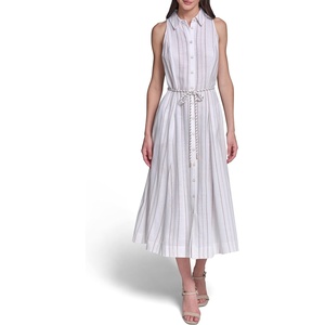 image:imageKarl Lagerfeld Womens Sleeveless Collar Striped Linen Rope Belt Midi DressSoft WhiteHummus