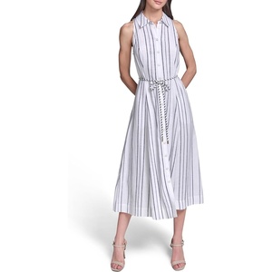 image:imageKarl Lagerfeld Womens Sleeveless Collar Striped Linen Rope Belt Midi DressSoft WhiteMaritime