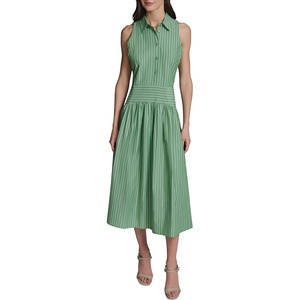 image:imageKarl Lagerfeld Womens Sleeveless Collared Neck Stripe Shirting Midi Wear to Work DressBotanic GreenSoft White