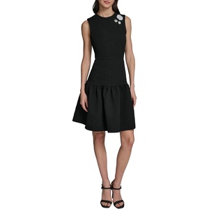 image:imageKarl Lagerfeld Womens Sleeveless Crew Neck Floral Jacquard Drop Waist Flower Detail DressBlack