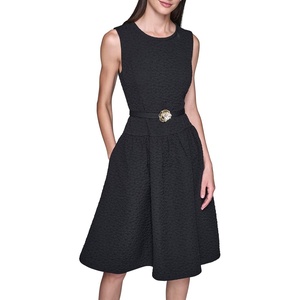 image:imageKarl Lagerfeld Womens Sleeveless Crew Neck Flower Belt Floral Stretch Jacquard Aline DressBlack