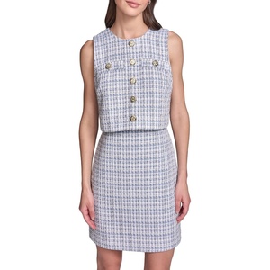 image:imageKarl Lagerfeld Womens Sleeveless Crew Neck Tweed Popover Button Detail DressMystic Blue Multi