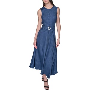 image:imageKarl Lagerfeld Womens Sleeveless Embellished Belt Metallic Pinstripe Midi DressDenim Blue Multi