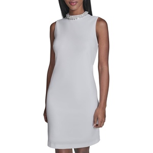 image:imageKarl Lagerfeld Womens Sleeveless Embellished Neckline Scuba Crepe a Line DressSoft White
