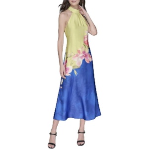image:imageKarl Lagerfeld Womens Sleeveless Halter Neck Satin Aline Maxi DressCitrus GreenBright Sapphire Multi