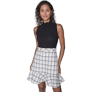 image:imageKarl Lagerfeld Womens Sleeveless Mock Neck Tweed Skirt Twofer Mini DressBlackSoft WhiteBlack Multi