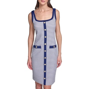 image:imageKarl Lagerfeld Womens Sleeveless Scoop Neck Knit Front Buttons Sheath DressMaritimeSoft White