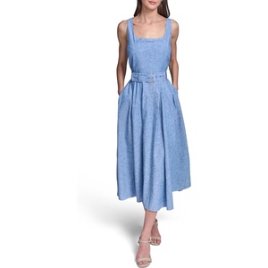 image:imageKarl Lagerfeld Womens Sleeveless Scoop Neck Linen Fit and Flare Midi DressChambray Blue