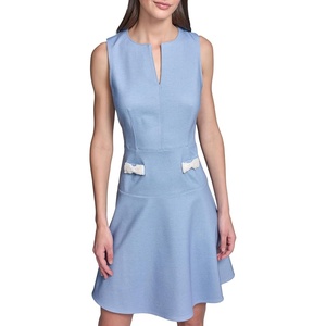 image:imageKarl Lagerfeld Womens Sleeveless Split Neck Printed Ponte Fit and Flare Pearl Embellishments DressLight Blue Multi