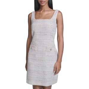 image:imageKarl Lagerfeld Womens Sleeveless Square Neck Tweed Sheath Mini DressSoft White Multi