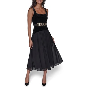 image:imageKarl Lagerfeld Womens Sleeveless Stretch Velvet Novelty Belt Midi DressBlack