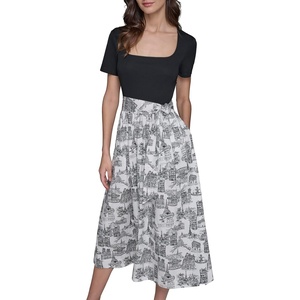 image:imageKarl Lagerfeld Womens Square Neck Short Sleeve Bow Midi DressBlackSoft WhiteBlack Combo