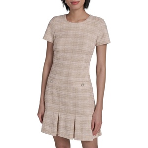 image:imageKarl Lagerfeld Womens Tweed Short Sleeve Round Neck Shift Mini DressTaupeSoft White
