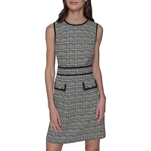 image:imageKarl Lagerfeld Womens Waist Piping Crew Neck Textured Jacquard DressBlack Soft White